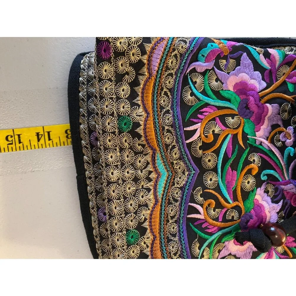Purple Floral Embroidered Bohemian Backpack Purse Small